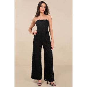 Lulus Intriguing Elegance Black Lace Strapless Jumpsuit - Size S